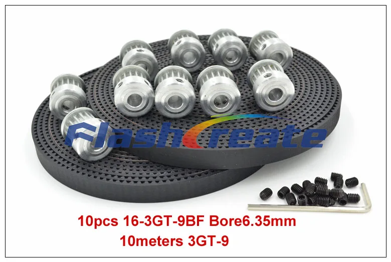 

10pcs 16 Teeth 3GT Pulley Bore 6.35mm + 10meters 3GT Rubber Timing Belt Width 9mm GT3 timing belt pulley 3D Printer Parts