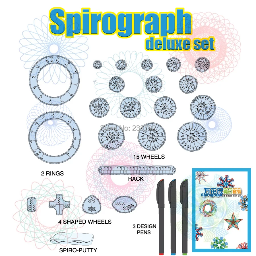 Spiral Design Interlocking Engrenagens e Rodas Desenho Brinquedos, Spirograph Playset, 22 Acessórios Designs, Brinquedos Educativos para Crianças