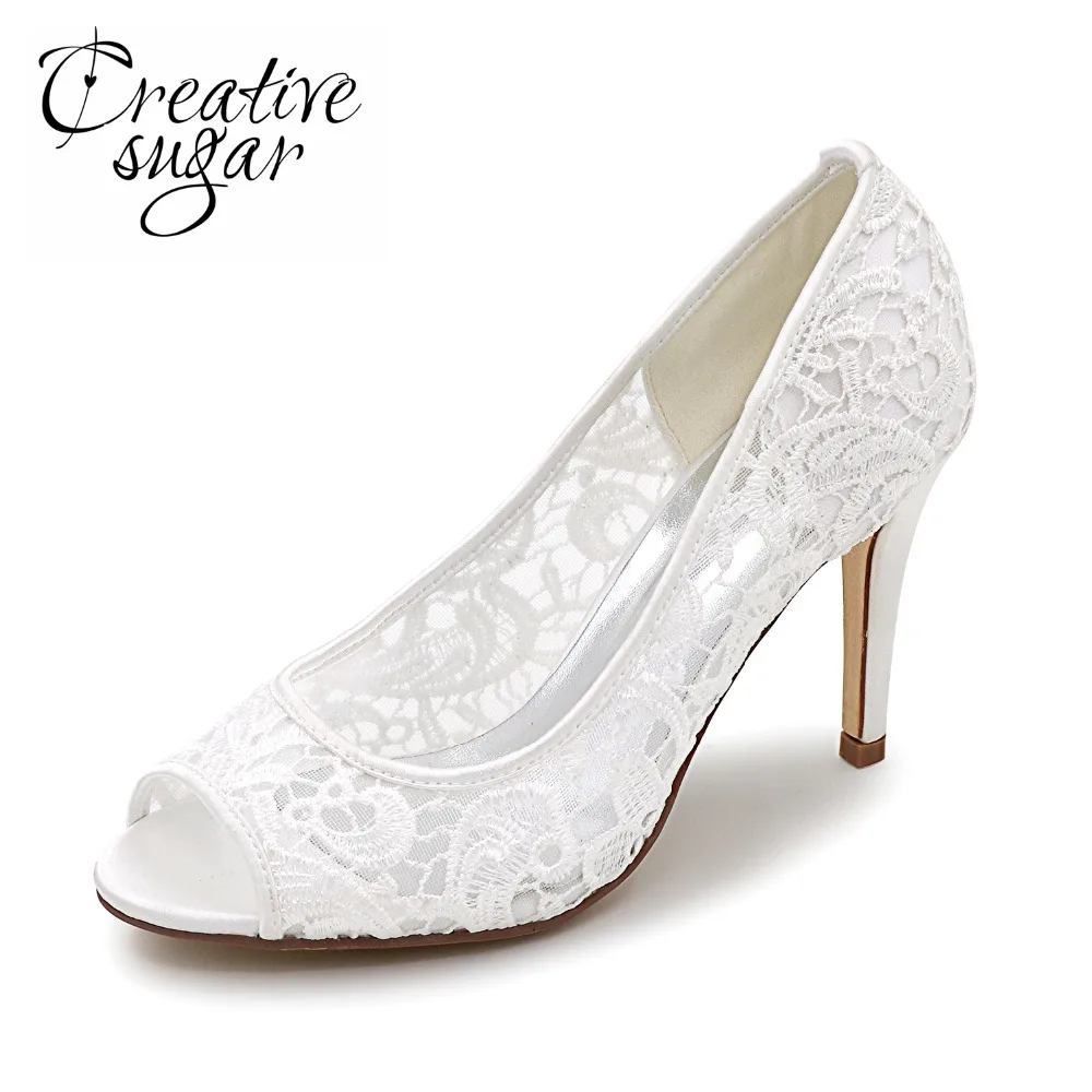 

Creativesugar Elegant lace see through breathable mesh open peep toe woman pumps bridal wedding party dress shoes ivory white