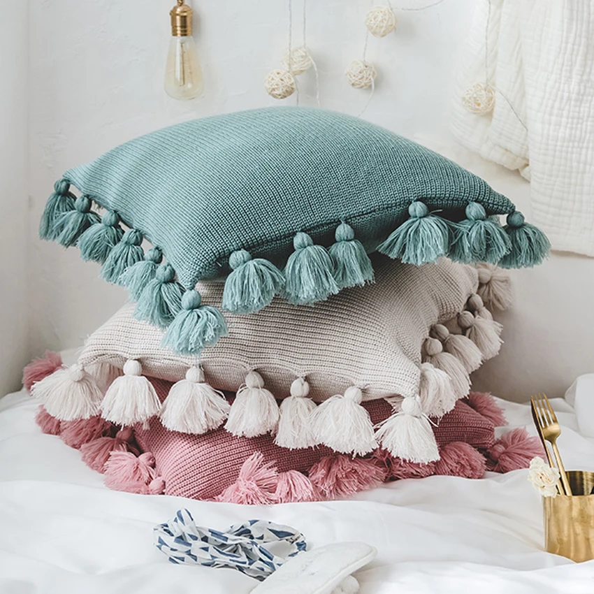 

Solid cotton cushion with tassels for home decoration, cushion with tassels, for living room, sofa, 45x45cm, European, 9 colors