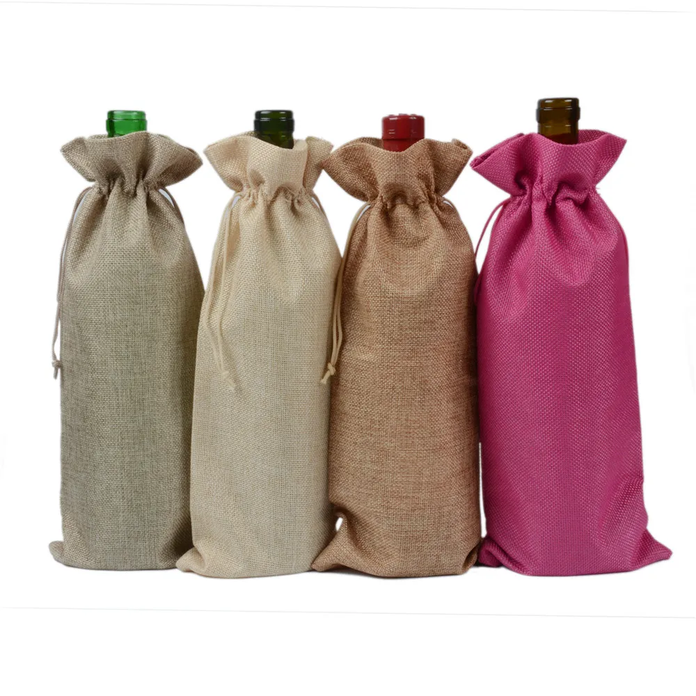 Jute Wine Bottle Covers Champagne Bottle Bag Drawstring Christmas Wedding Party Gift Pouches Burlap Hessian Packaging Bag 500pcs