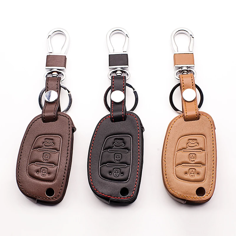 New Genuine Leather Car Key Cover For Hyundai TUCSON Solaris 8 IX35 Santa Fe,3 Button Fold Key  Car Keys Accessories