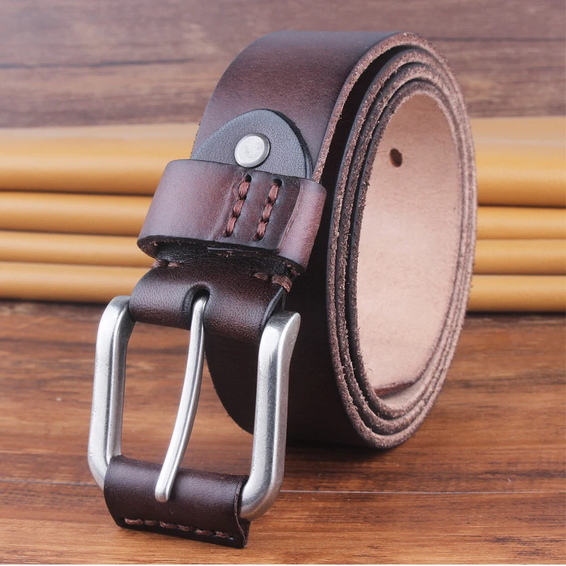 handmade thread stitching men's belt double prong big size genuine leather strap luxury pin buckle fancy vintage belt for jeans