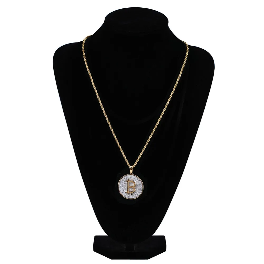 TOPGRILLZ Gold Color Iced Out Round Micro Pave Full Cubic Zircon Big Bitcoin Pendant Necklace Charm For Men Women HipHop Jewelry