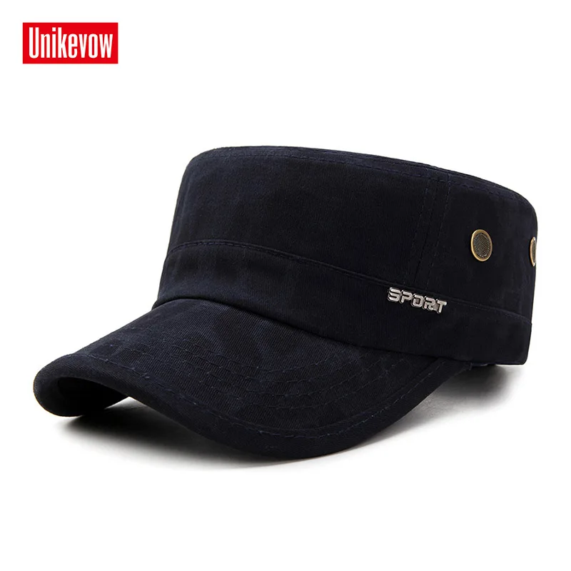 UNIKEVOW Letter Washed Military Cap Sport Flat Top Hat For Men Outdoor Cap High Quality Hat With Copper Air Hole