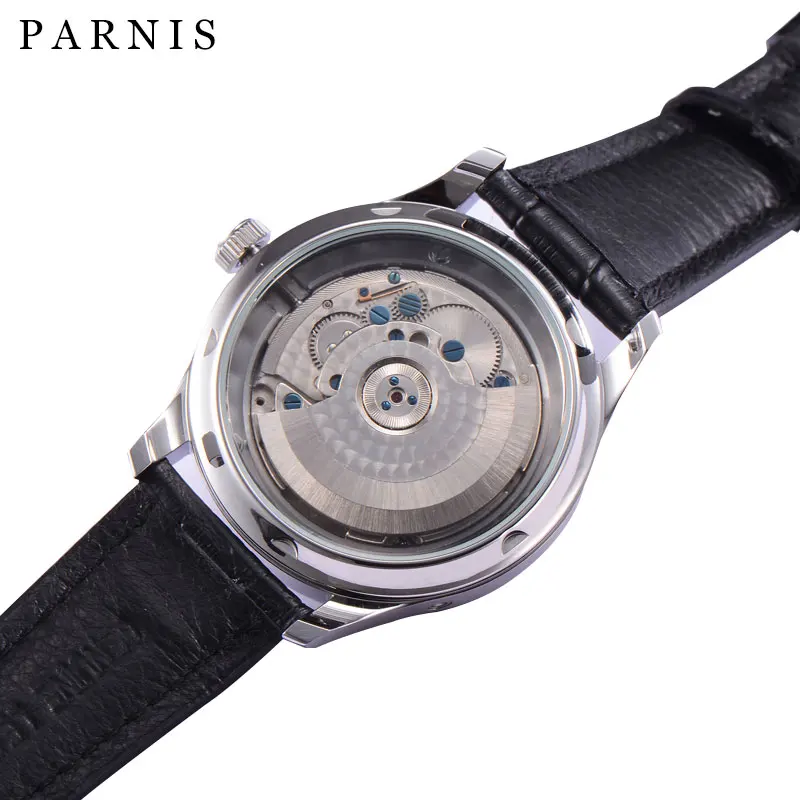 Parnis 43mm White Dial Mechanical Watches Men Power Reserve Calendar Waterproof Automatic Watch Leather Strap Relogio Masculino