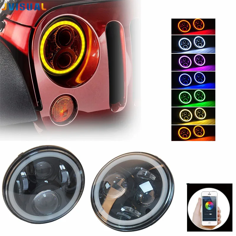 

For 1997~2016 Jeep Wrangler JK LJ CJ Hummer 7" LED Headlights RGB Halo Angel Eye with Bluetooth Phone Remote 7inch Headlamp