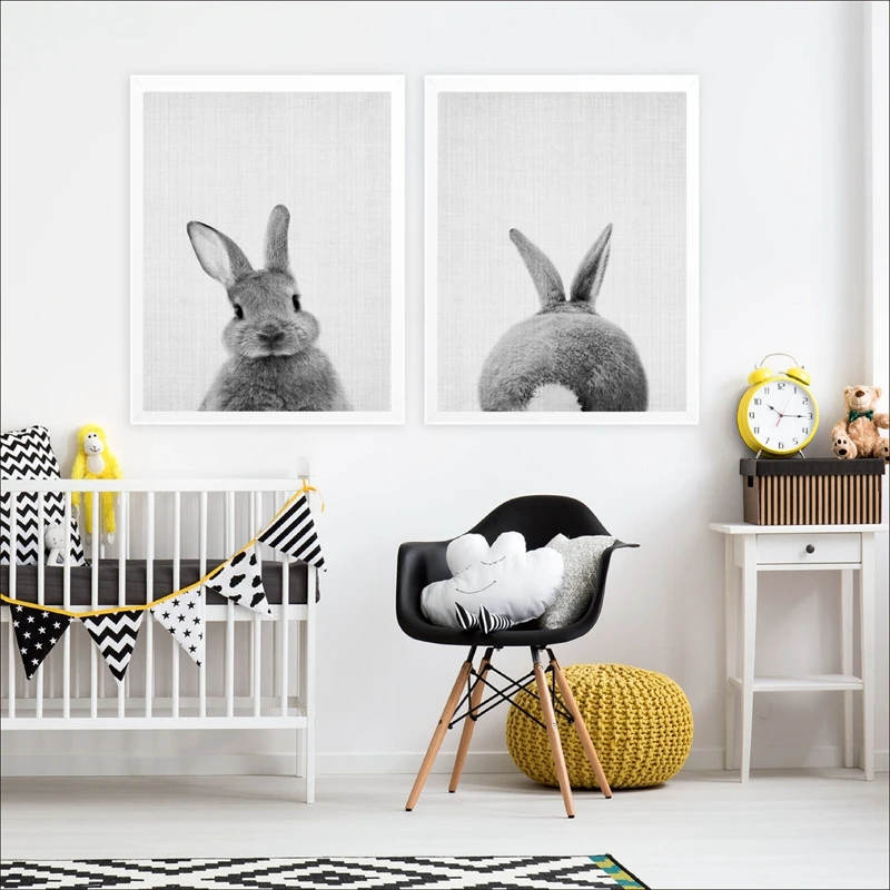 Bunny Rabbit Canvas Painting Woodlands Nursery Decor Animal Picture Rabbit Wall Art Prints Modern Baby Room Decoration