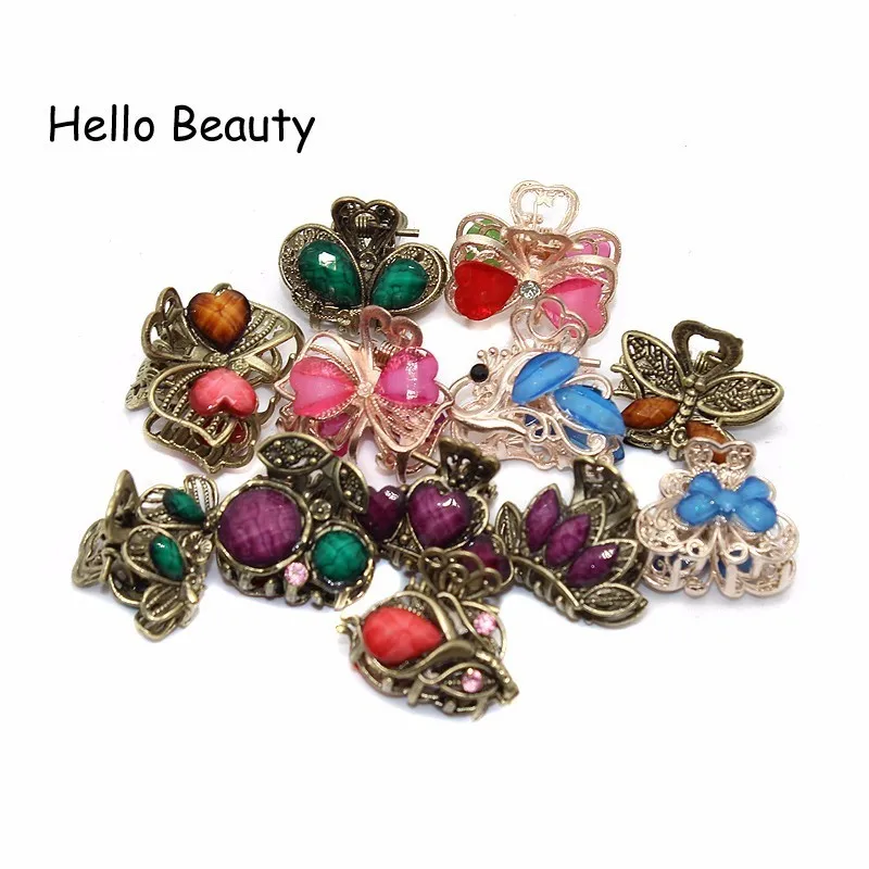 12 PCS Vintage Metal Crystal Flower Butterfly Mini Hair Claws Small Rhinestone Hair Jaw Clip Charm Hair Accessories For Women