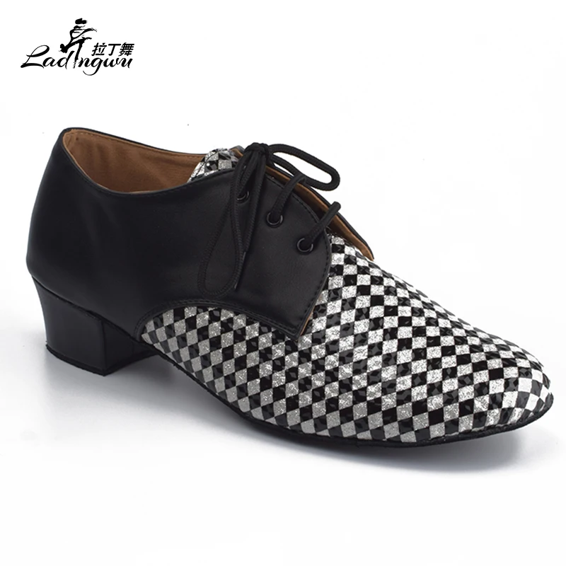 Ladingwu Modern Men\'s Ballroom Dance Shoes Rhombus pattern PU and Microfiber Synthetic Leather Latin Dance Shoes Men Heel 2.5cm