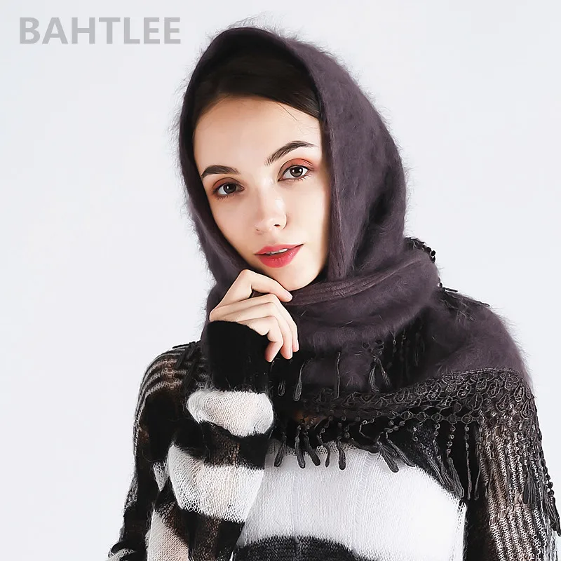 BAHTLEE-Women\'s Turban Hijab Scarf, Angora Rabbit Poncho, Triangular Shawl, Knitted Real Fur Wrap, Cloak Cape, Winter