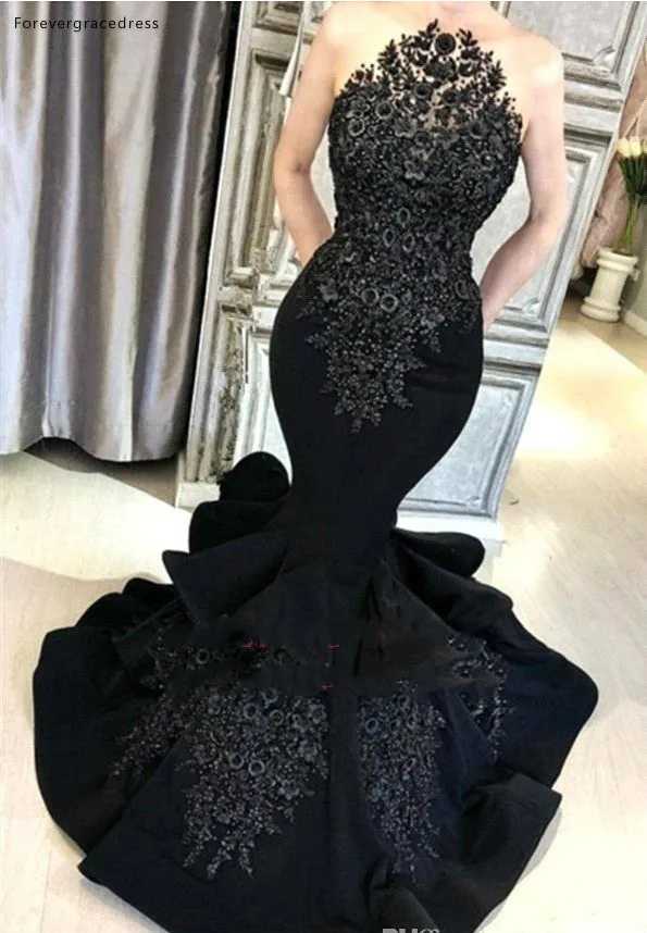 Black Prom Dresses 2019 Mermaid Applique Formele Pageant Feestdagen Dragen Graduation Avond Party Jurken Custom Made Plus Size