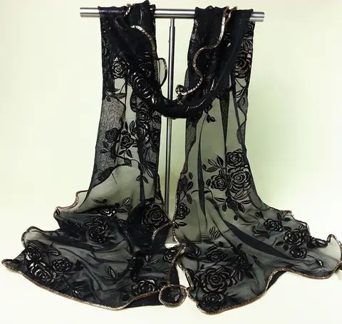 Sexig Svart Spets Blommig Lång Mjuk Halsduk Dammode Ny Sjal Stola Vår Höst Volie Pashmina Hijab Sjal 180*43 cm 8 best sales svart sjal - №8