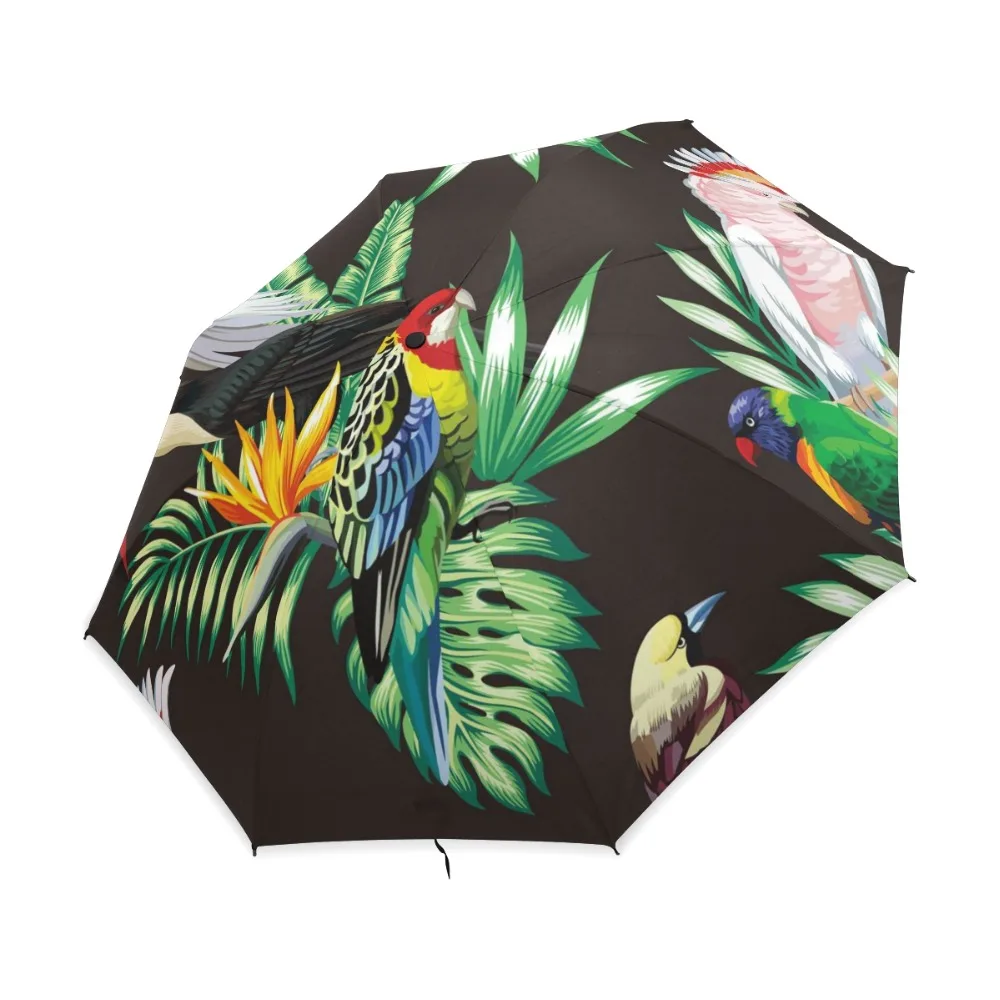 Three Folding Green Leaf Parakeet Print Umbrella Rain Women Automatic Windproof Sun Protection Umbrella Male Parapluie Parasol