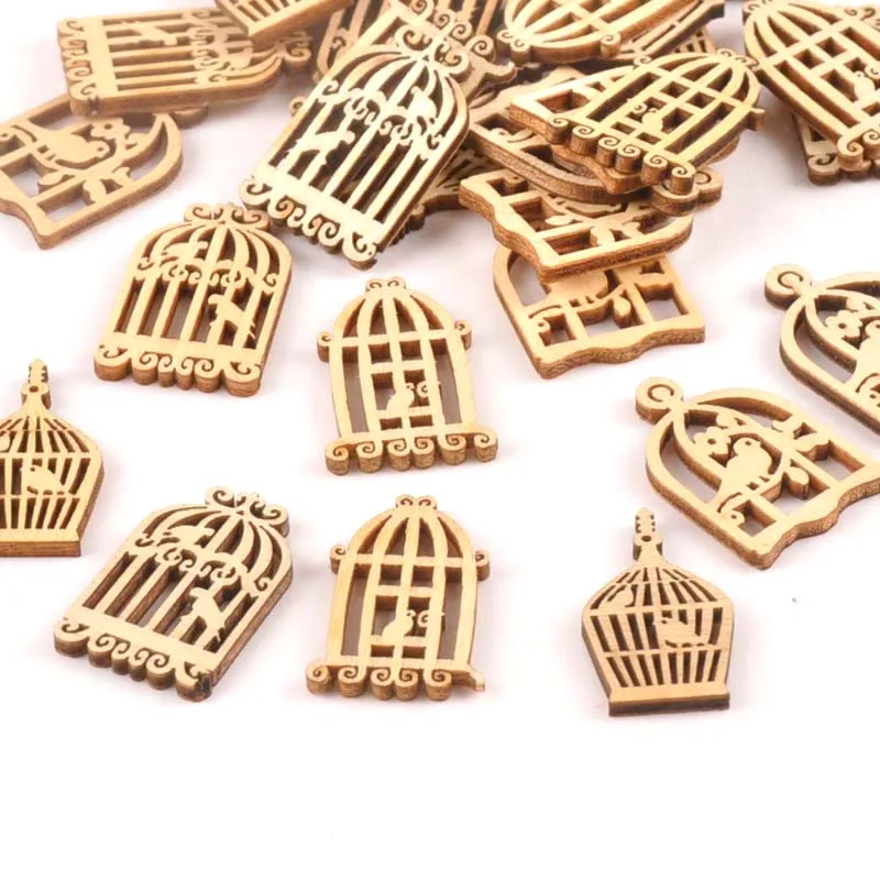 25pcs Wooden Crafts creativity hollow out birdcage Pattern Scrapbooking Crafts wood decoration for Home Decoration m0833X