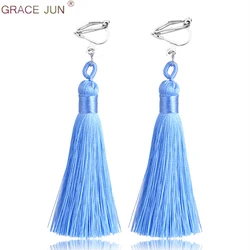 GRACE JUN New Arrival Bohemia Tassel Clip Earring for Women 18 Colors Long Earrings  Statement Ear Clip Wholesale