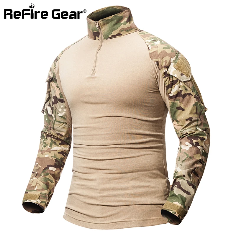 ReFire Gear Camouflage Army T-Shirt Men US RU Soldiers Combat Tactical T Shirt Military Force Multicam Camo Long Sleeve T Shirts