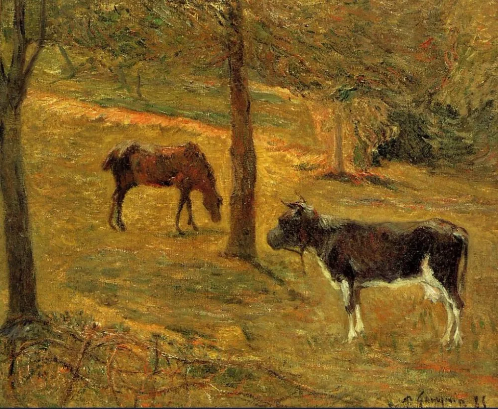 

High quality Oil painting Canvas Reproductions Horse and Cow in a Meadow (1885) by Paul Gauguin hand painted