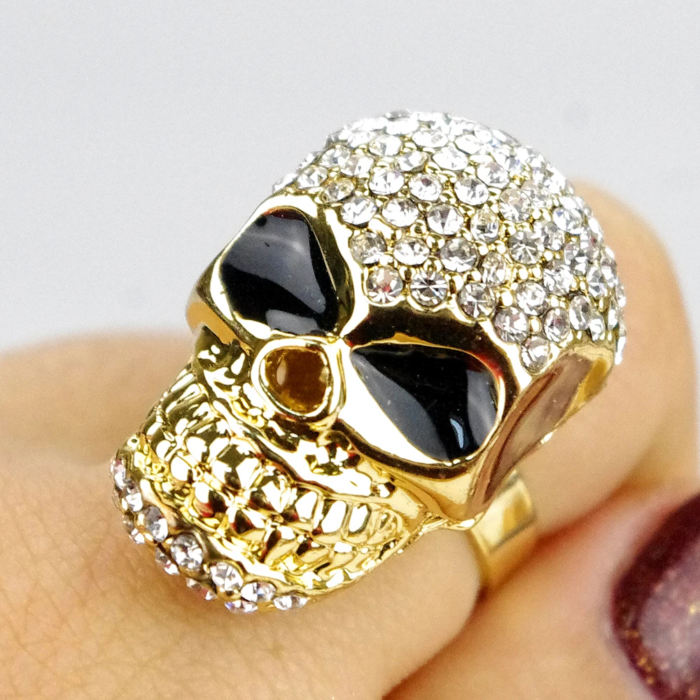 

AMUMIU Fashion Jewelry Big Skull Crystal Ring For Men Cool Women Girls Boy Head Ring Punk Style Party A054A