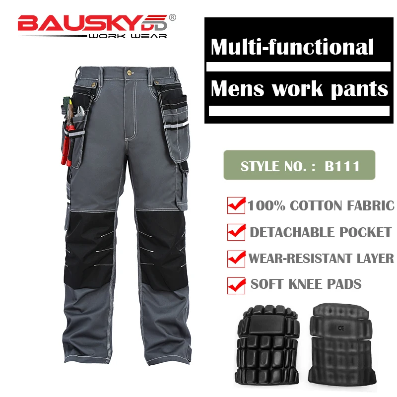 Bauskydd Mens Male Durable Work Pants Multi-pockets Trousers with Kneepads for Kneel Down 100% Cotton Work Pants