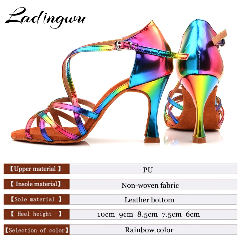 Ladingwu Fashion Latin Dance Shoes Rainbow Color PU Women Salsa Shoes Dance Sandals Unique Design Latex soft bottom Size 33-44