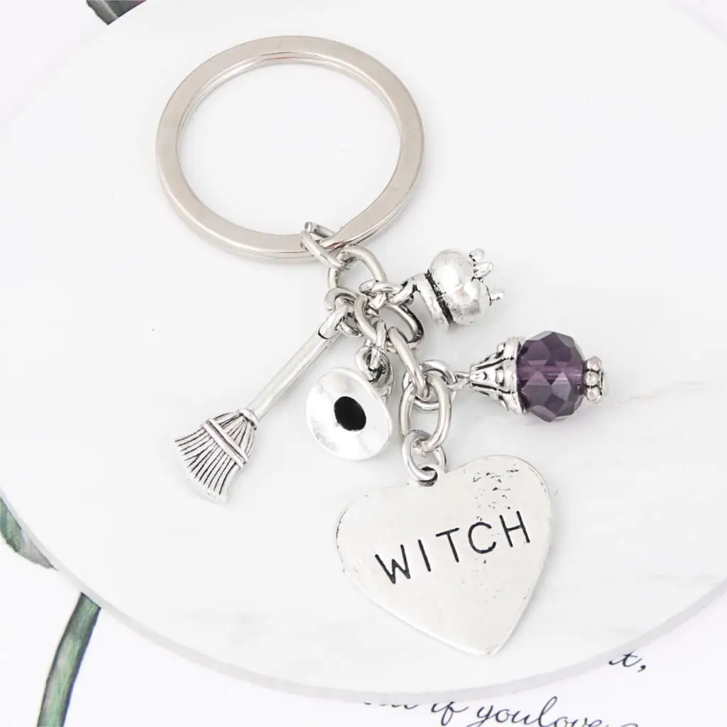 1Pc Halloween Sorcerer Witch Keychain Broom Purple Bead Pendant Keyholder Fit Car Handbag Jewelry Supplies E2700