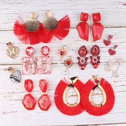 Red Pendant Za Earrings 2019 Handmade Resin Flower Crystal Beads Statement Bridal Earring Party Dangle Drop Earrings Gift