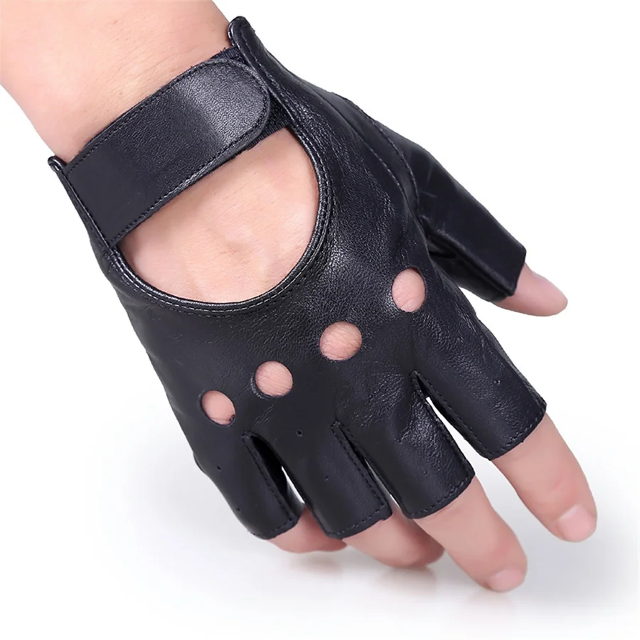 Sheepskin Half-Finger Gloves Men'S Gloves Genuine Leather Gloves Men'S Wrist Magic Buckle Fingerless Gloves Y-04-5