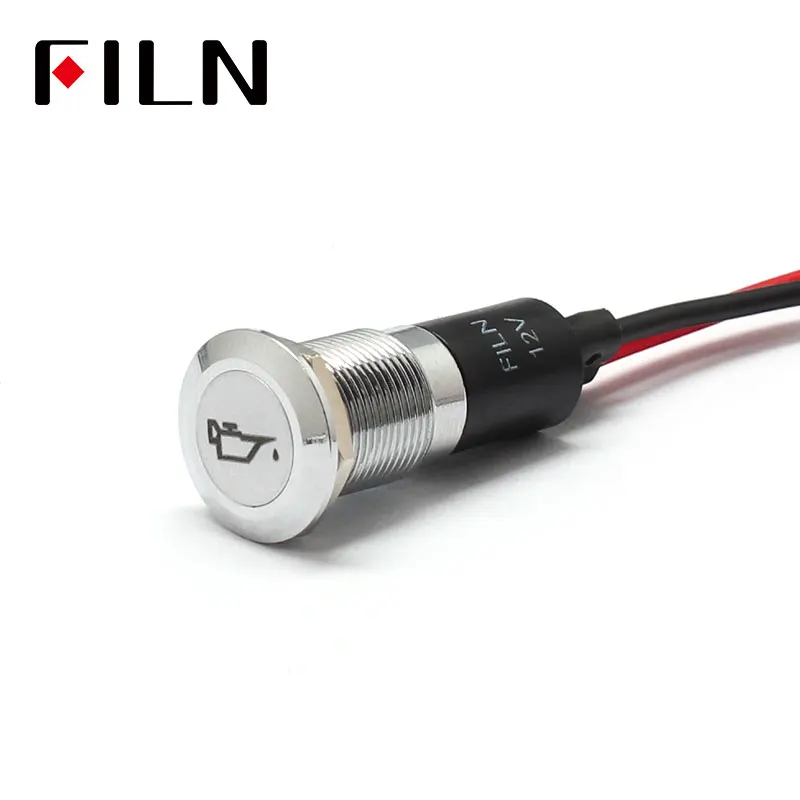 FILN 12mm Car dashboard oil symbol led red yellow white blue green 12v led indicator light with 20cm cable