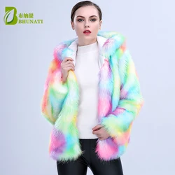 New Arrival damski kolorowy płaszcz ze sztucznego futra lisa z kapturem wielokolorowy długi rękaw kurtka ze sztucznego futra