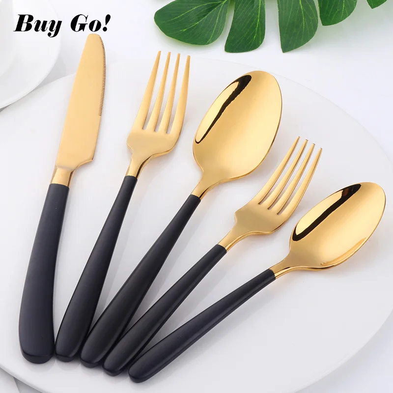 5/20Pcs Black Gold Flatware Set Forged Luxury Cutlery Set Stainless Steel Utensils Kitchen Dinnerware Knife Fork Spoon Set C284