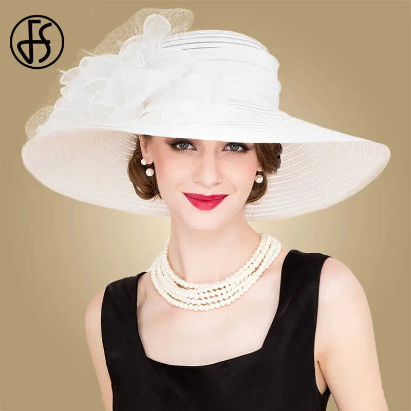 FS White Elegant Wedding Bride Church Straw Hats For Women Ladies Flowers Large Brim Hat Beach Sun Kentucky Derby Hat Fedora