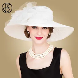 FS White Elegant Wedding Bride Church Straw Hats For Women Ladies Flowers Large Brim Hat Beach Sun Kentucky Derby Hat Fedora