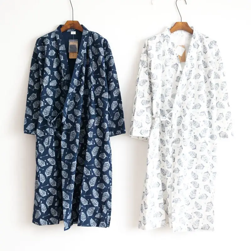 Summer Men\'s Robe 100% Cotton Gauze Leaf Loose Comfortable Leaves Kimono Robes home clothing nightly Bathrobes