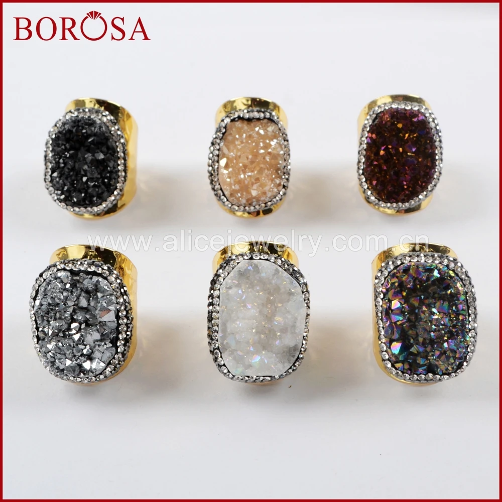 

BOROSA 5/10PCS New Electroplated Rainbow Druzy Band Rings Rhinestone Pave Titanium Druzy Golden Ring Jewelry for Women JAB938