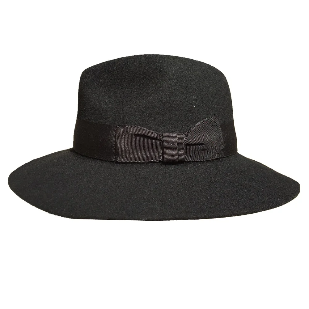 Fashion Black Wool Felt Wide Brim Fedora Hat For Men or Women -7 cm Brim