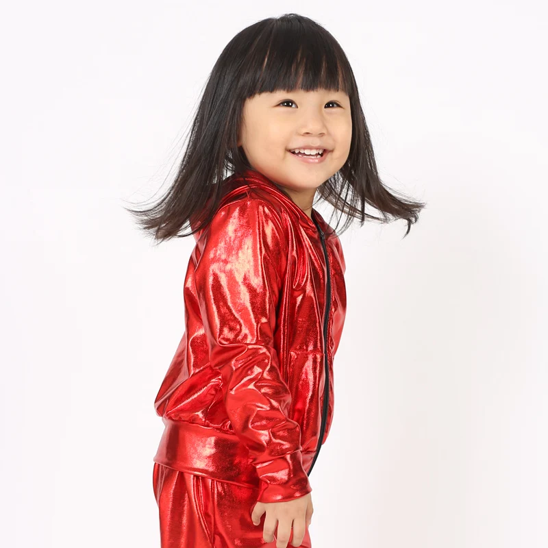 Spring Autumn Kids Red Bomber Jacket Stage Performance Wear Paillette Feminina Casaco Hip Hop Dance Coat