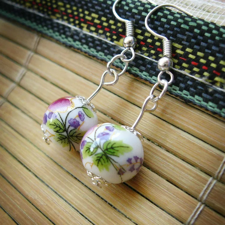 Cute Chinese Style Flower Ceramics Earrings for Women Original Vintage Flowers Bead Drop Earrings Girls Jewelry Party Gifts