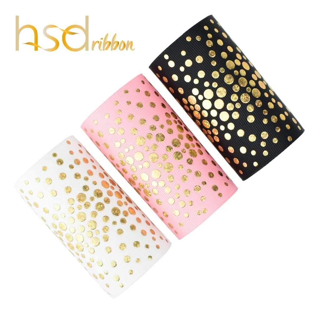 

HSDRibbon Designer custom 75MM 3inch little dot gold Foil Printed on Solid Grosgrain Ribbon for bow