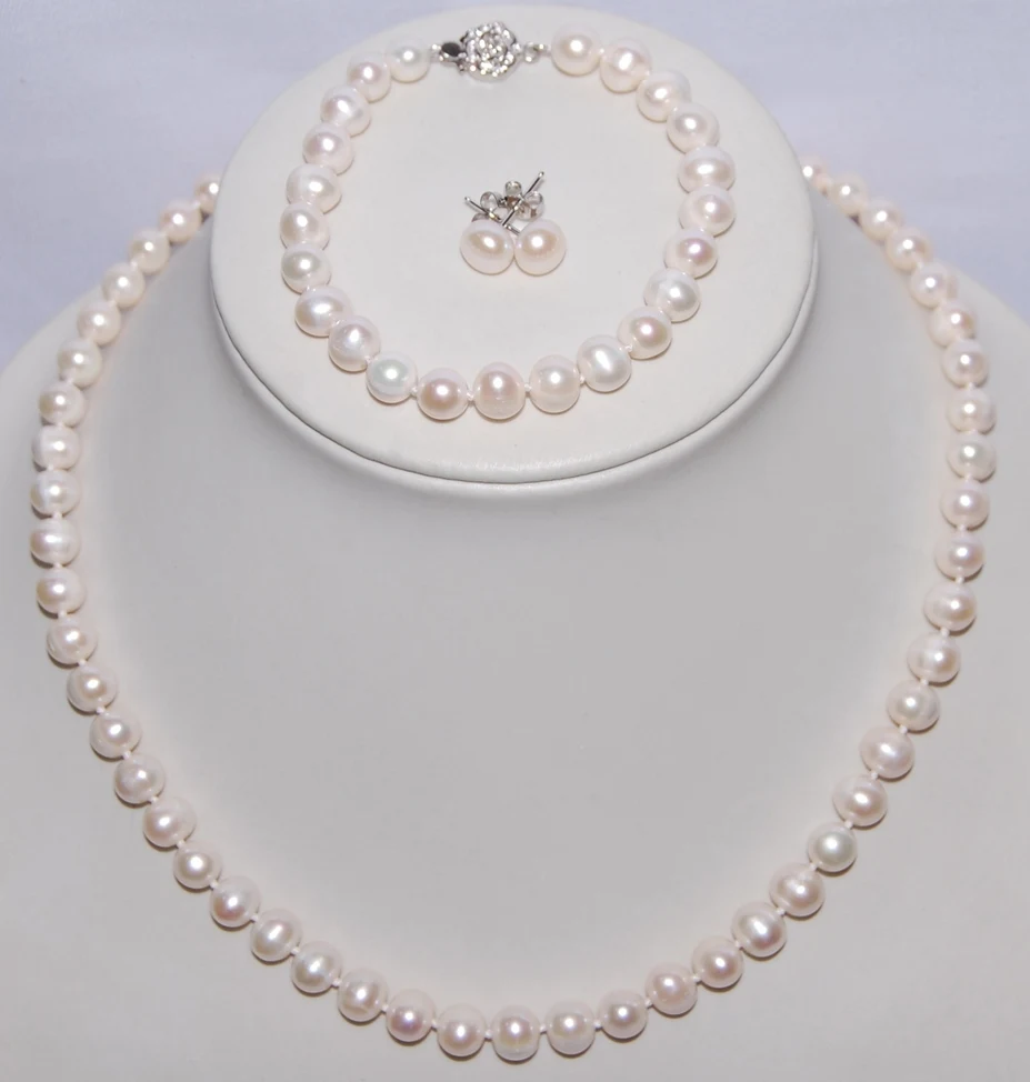 3 color Natural Freshwater Pearl Jewelry Set, 8-9mm Pearl Necklace/Bracelet/Earrings Set, Fashion Bridal Jewelry Set