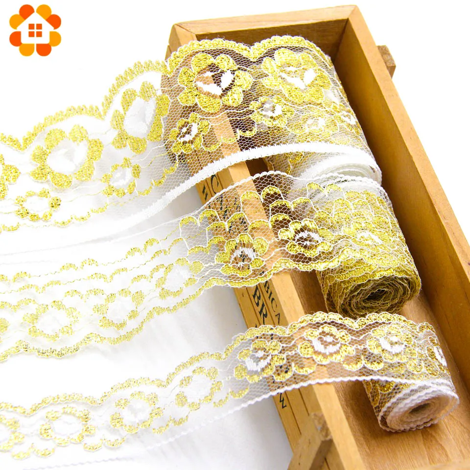 10Yards 3 Sizes Gold Embroidered Lace Ribbon Soft Net Lace Trim Fabric Handmade DIY Sewing Decoration Wedding Party Supplies