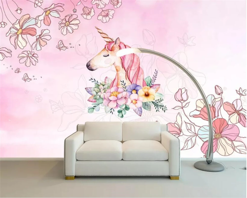 

Customized children's room decoration 3d wallpaper mural cartoon animal unicorn flowers Pink background 3d wallpaper