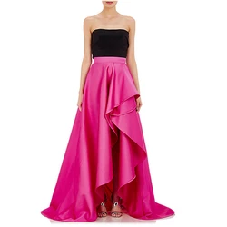 Vintage Fuchsia High Low Taffeta Long Skirts For Elegant Women To Formal Party Long Skirt Spring Style Pleat Ruffles Zipper