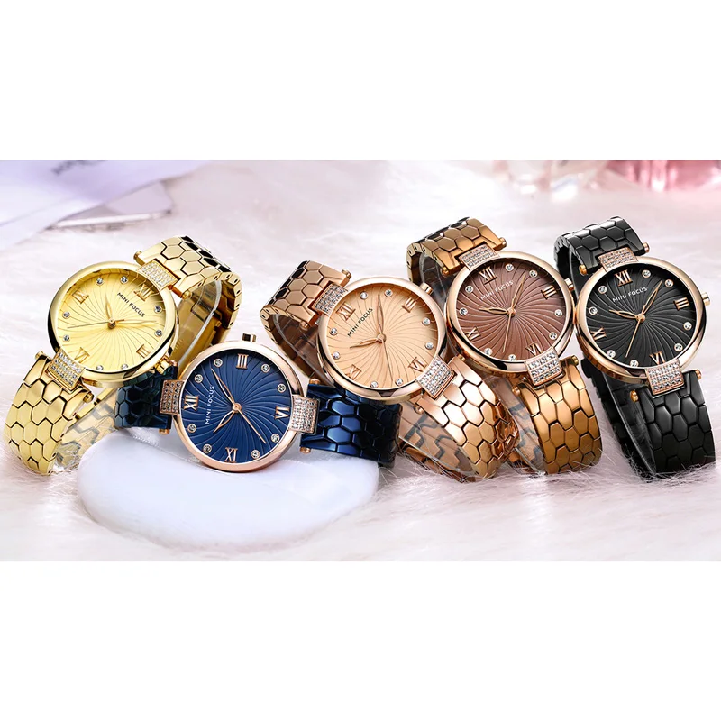 MINI FOCUS Women\'s Luxury Blue Watches Stainless Steel Bracelet Strap Waterproof Quartz Wristwatch Lady Woman Relogios 0186L