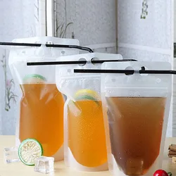 500Pcs/Lot 3 Size Plastic Drink Packaging Bag Pouch For Beverage Juice Milk Coffee With Handle and Holes For Straw