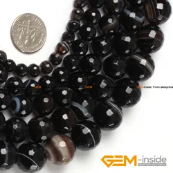 Round Faceted Black Sardonyx Agates Bead For Jewelry Making Strand 15 inches 8mm 10mm 12mm DIY  Jewelry Accessorries Loose Beads