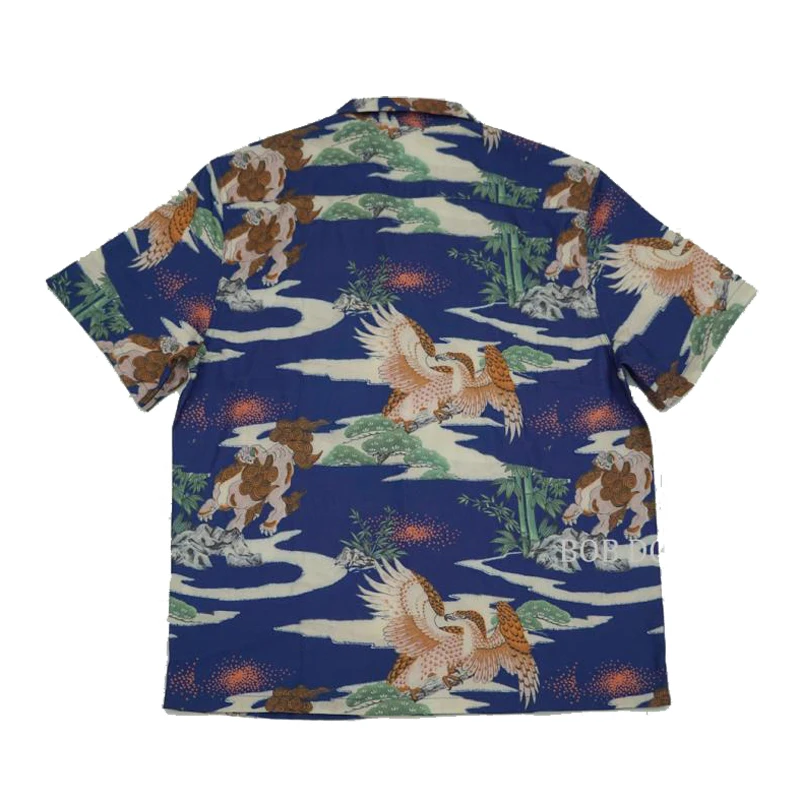 BOB DONG Chinese Style Men Hawaiian Pocket Tee Shirts Vintage Short Sleeve Blue