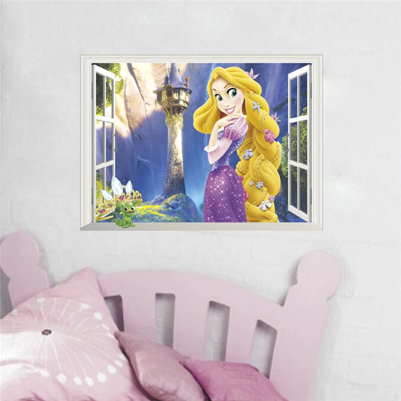 Rapunzel Princess 3d Window Wall Stickers For Home Decoration 3d Window Anime Mural Art Diy Kids Room Wall Decals