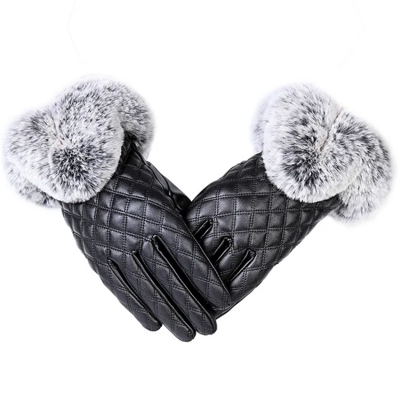 KUYOMENS Fashion Women Warm Thick Winter Gloves Leather Elegant Girls Brand Mittens Free Size With Rabbit Fur Female Gloves