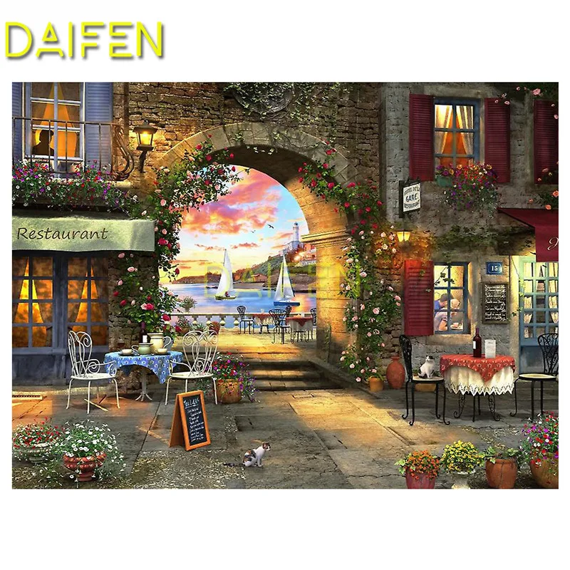 Full Square Diamond embroidery Cross stitch seaside sailboat restaurant bar Full Round Diamond mosaic 5D DIY Diamond painting